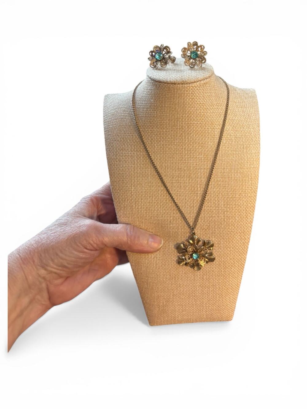 Vintage Filigree Floral Necklace Earring Set Gold Tone Turquoise Accent 1940s